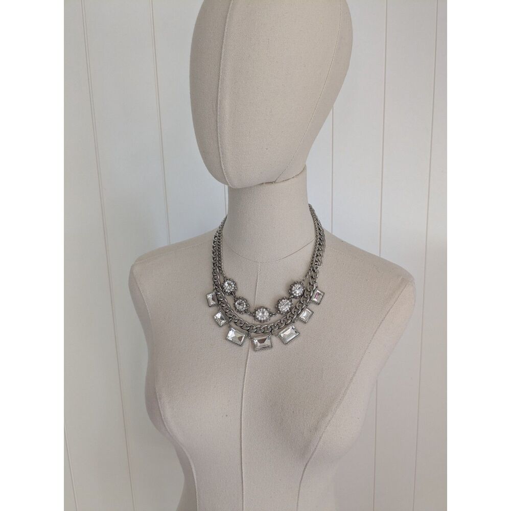Silver Statement Necklace, Rhinestones, Chains, Multilayer